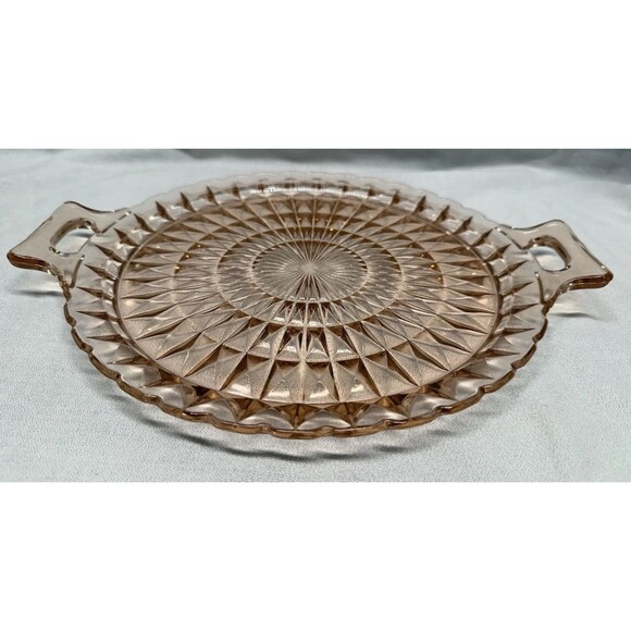 Vintage pink Depression glass round serving platter square handles 10.25” - Picture 1 of 9
